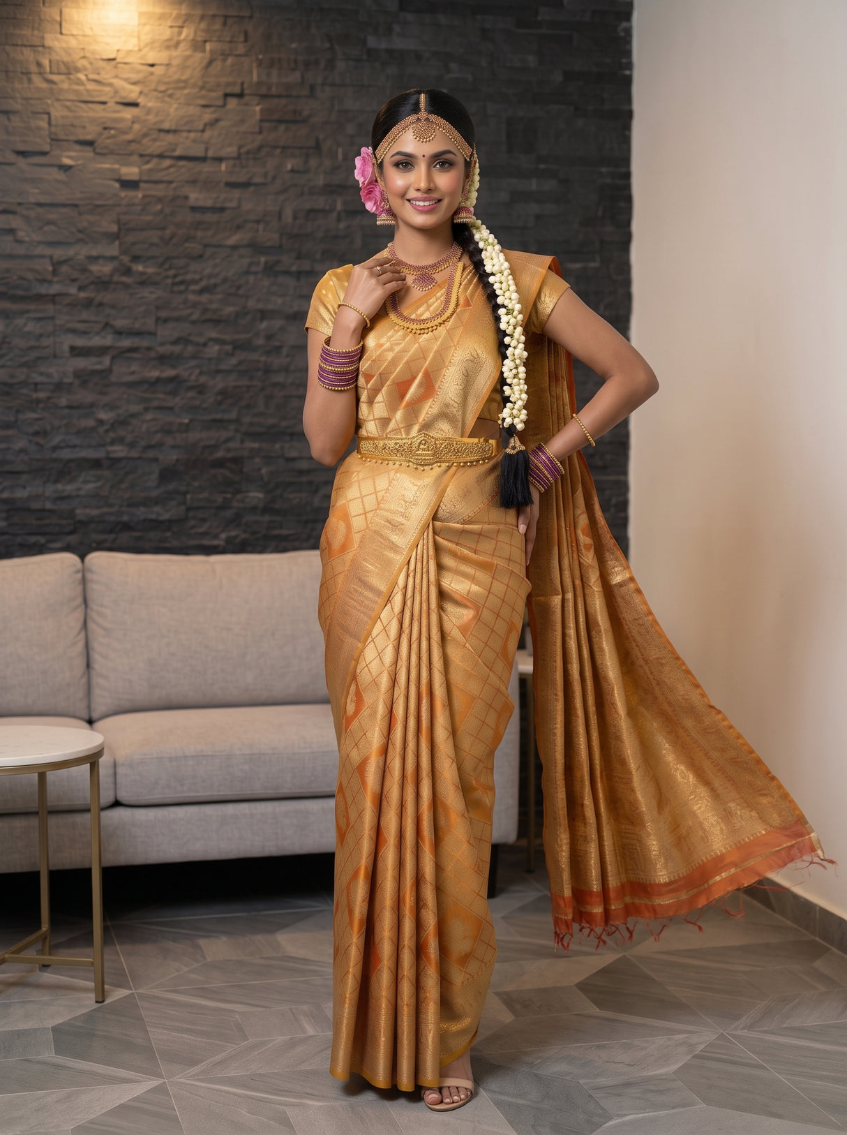 MIMOSA Orange Kanjivaram Art Silk Saree — pose 4 styling detail