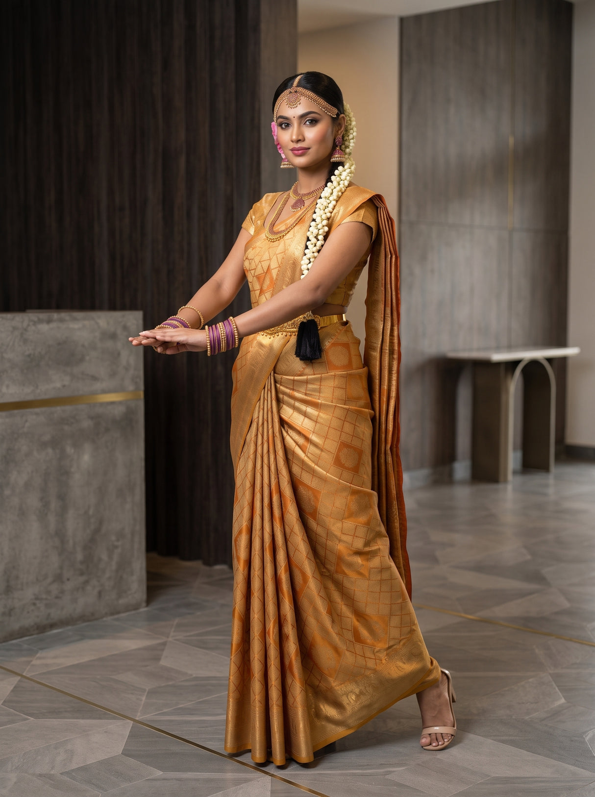 MIMOSA Orange Kanjivaram Art Silk Saree — pose 5 styling detail