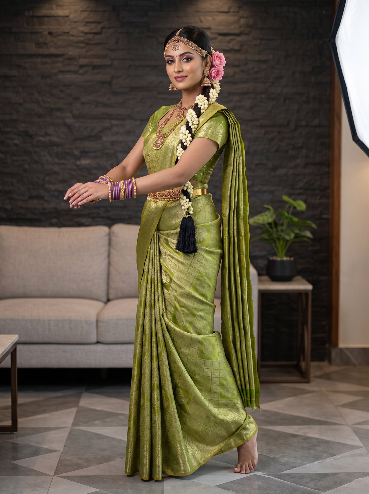 MIMOSA Parrot Green Kanjivaram Art Silk Saree — pose 5 styling detail