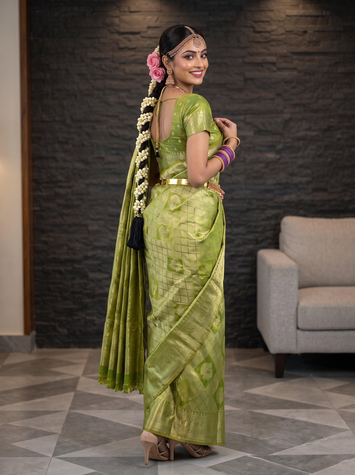 MIMOSA Parrot Green Kanjivaram Art Silk Saree — pose 7 styling detail