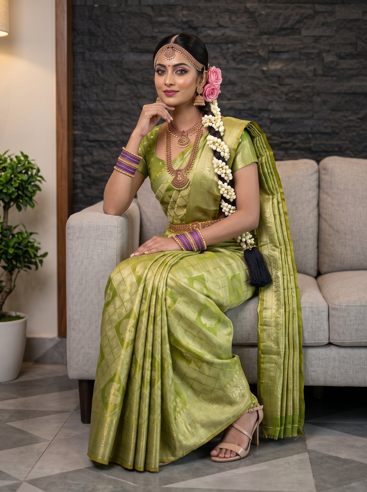 MIMOSA Parrot Green Kanjivaram Art Silk Saree — pose 8 styling detail