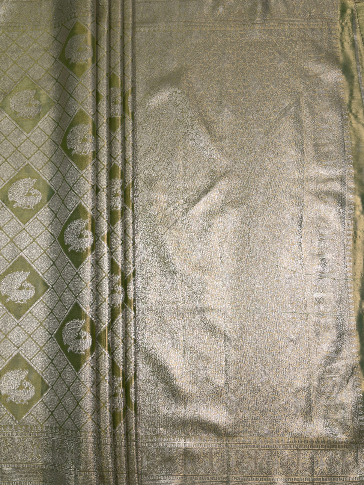 MIMOSA Parrot Green Kanjivaram Art Silk Saree — pallu and zari work detail