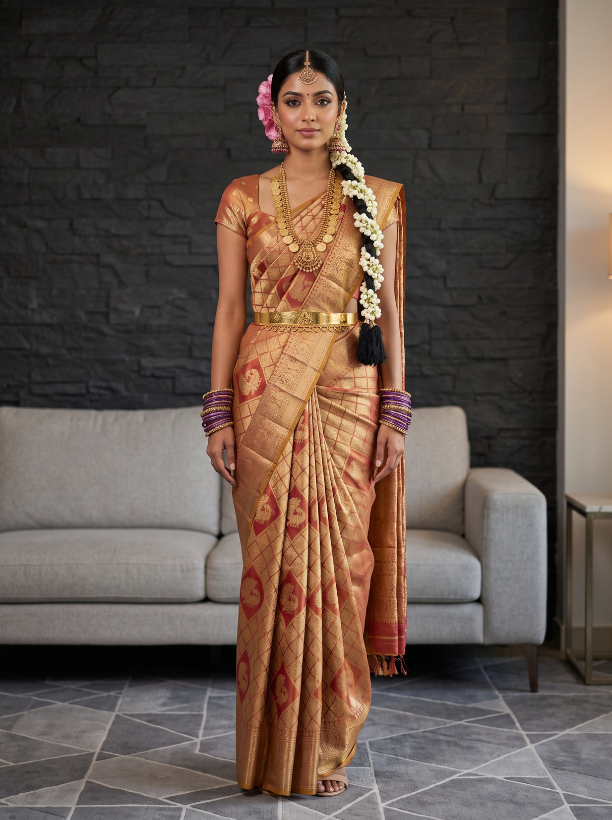 MIMOSA Rani Kanjivaram Art Silk Saree — AI Model lifestyle pose