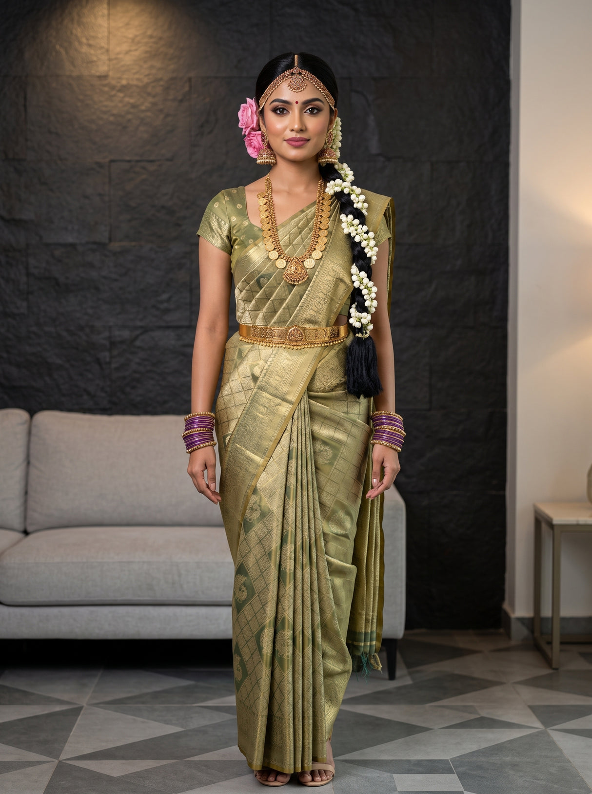 MIMOSA Sapphire Kanjivaram Art Silk Saree — AI Model lifestyle pose