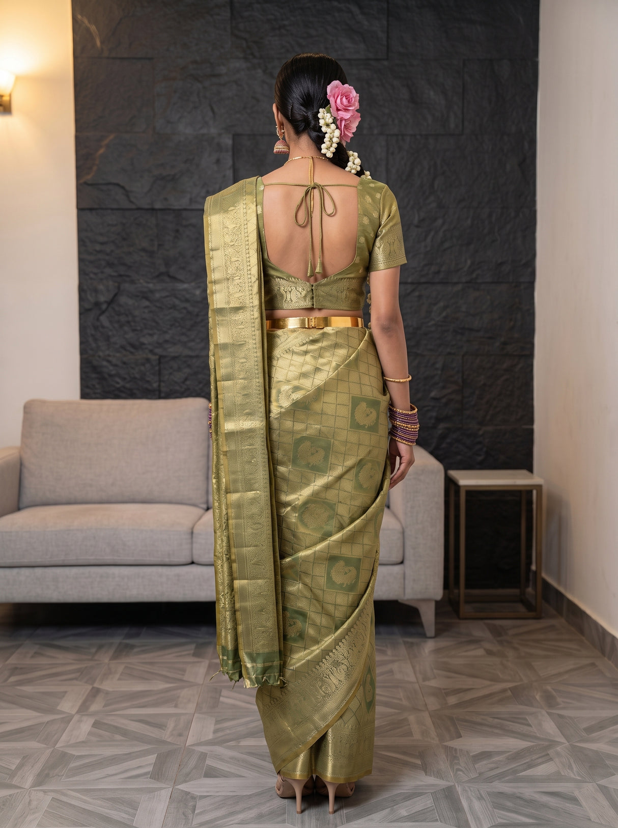 MIMOSA Sapphire Kanjivaram Art Silk Saree — pose 2 styling detail