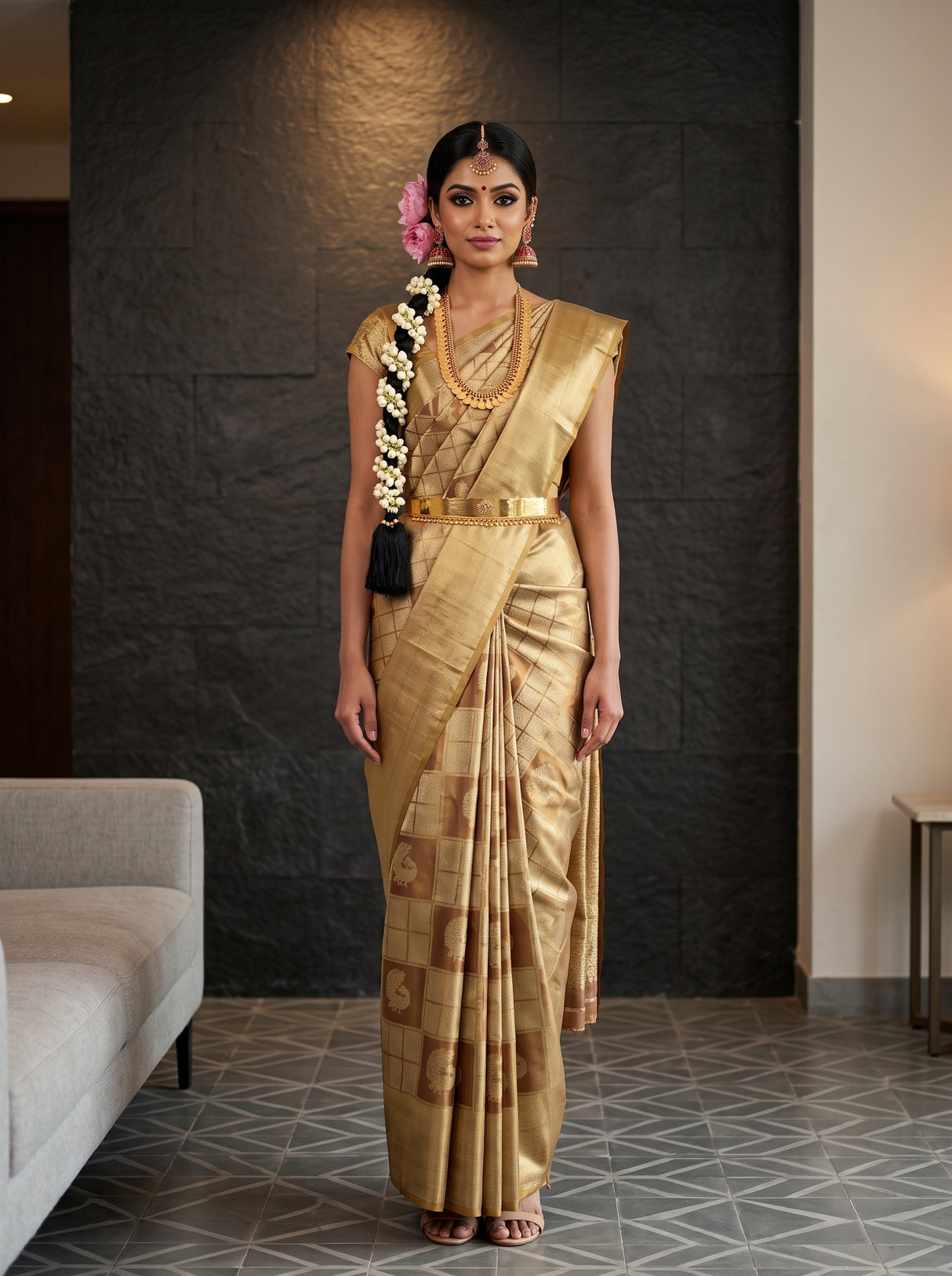 MIMOSA Wine Kanjivaram Art Silk Saree — AI Model lifestyle pose