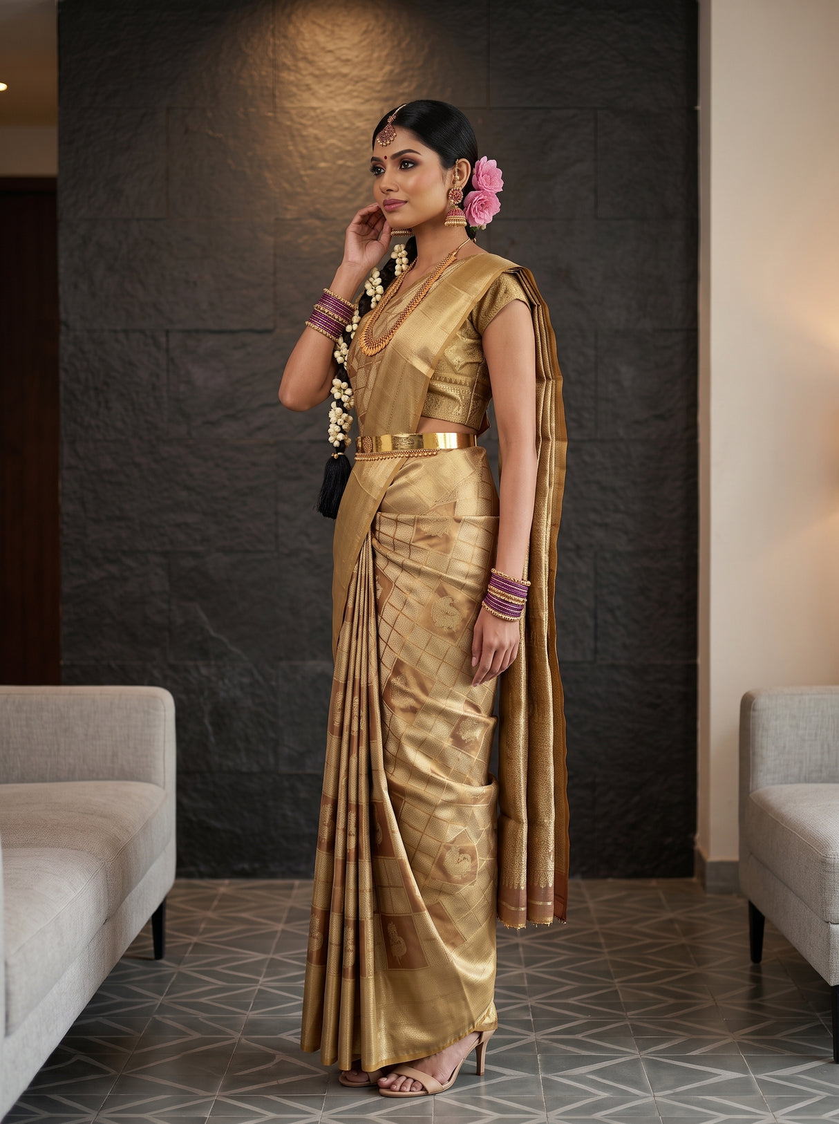 MIMOSA Wine Kanjivaram Art Silk Saree — pose 3 styling detail