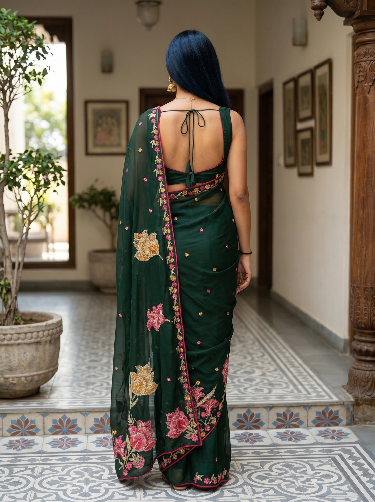 MIMOSA Bottle Green Banarasi chiffon Saree — pose 2 styling detail