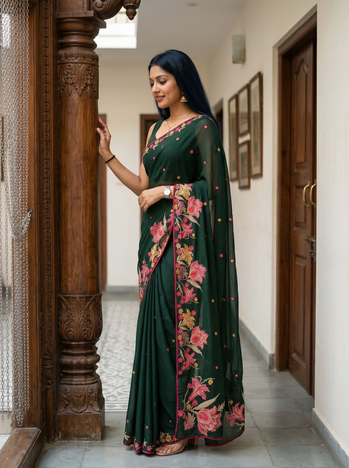 MIMOSA Bottle Green Banarasi chiffon Saree — pose 3 styling detail