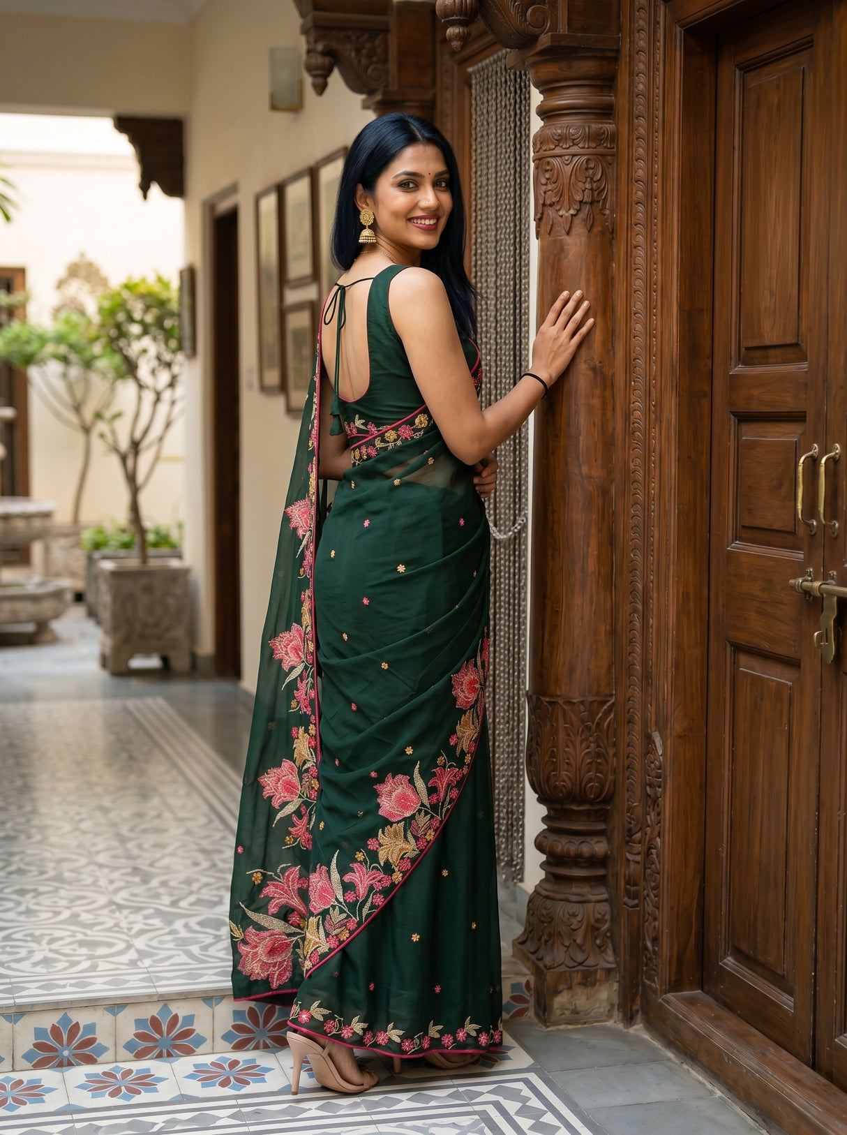 MIMOSA Bottle Green Banarasi chiffon Saree — pose 5 styling detail