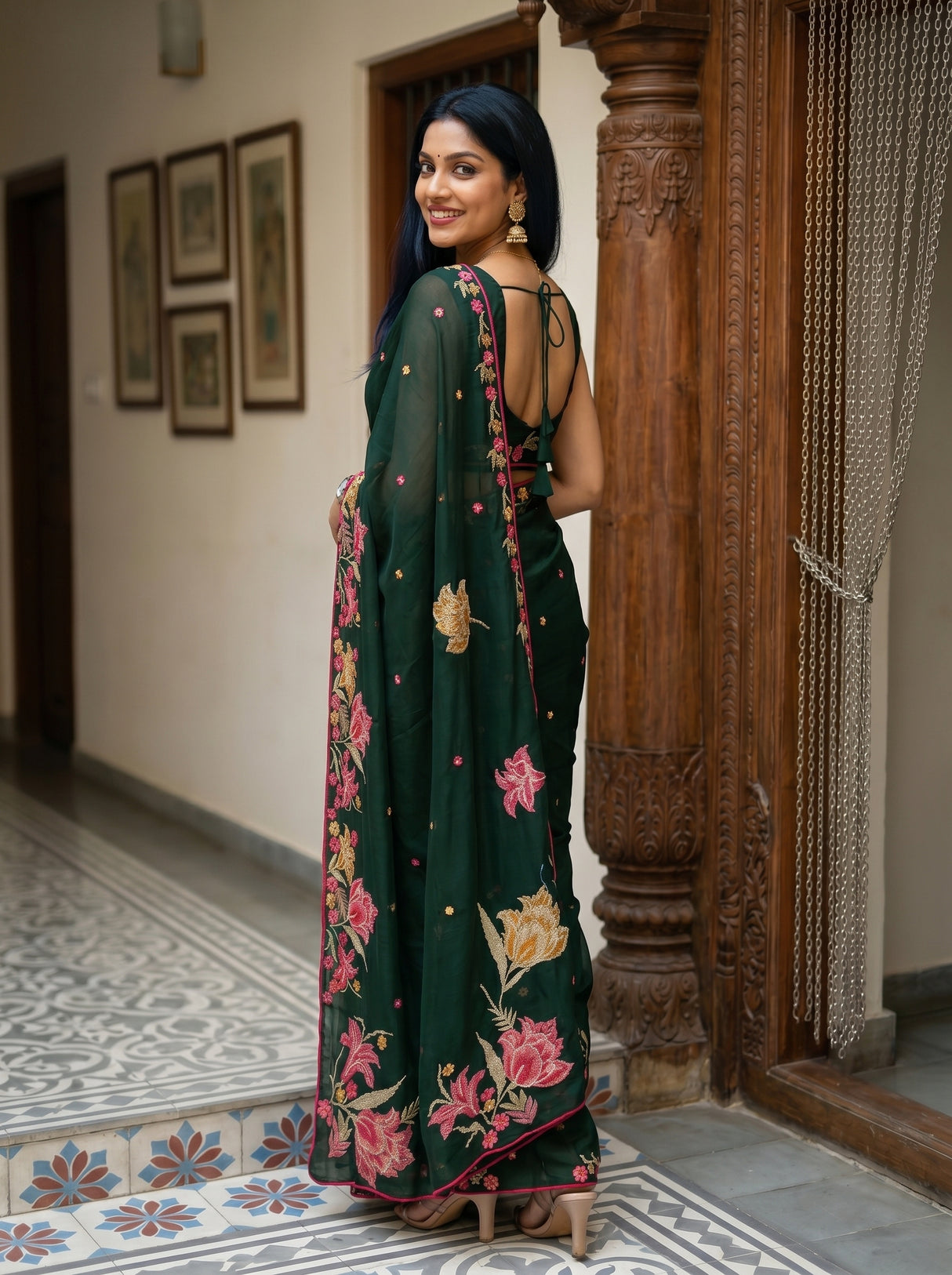 MIMOSA Bottle Green Banarasi chiffon Saree — pose 7 styling detail