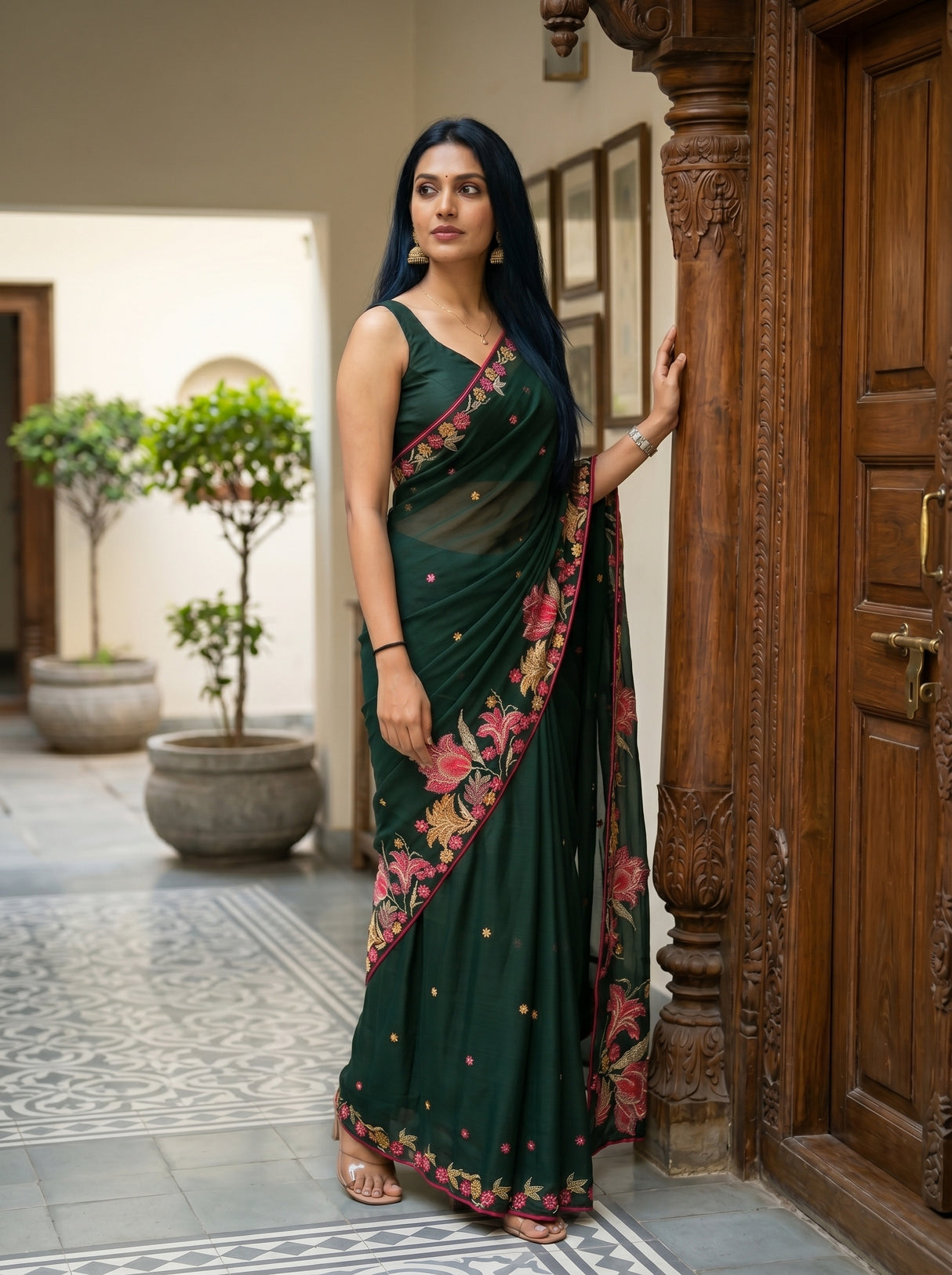 MIMOSA Bottle Green Banarasi chiffon Saree — pose 9 styling detail