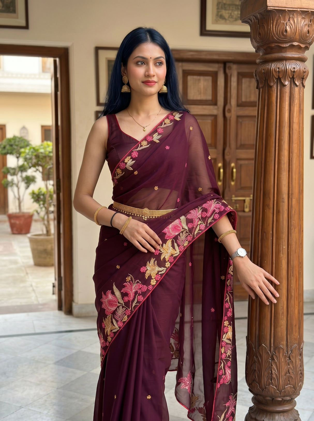 MIMOSA Chocolate Banarasi chiffon Saree — pose 10 styling detail