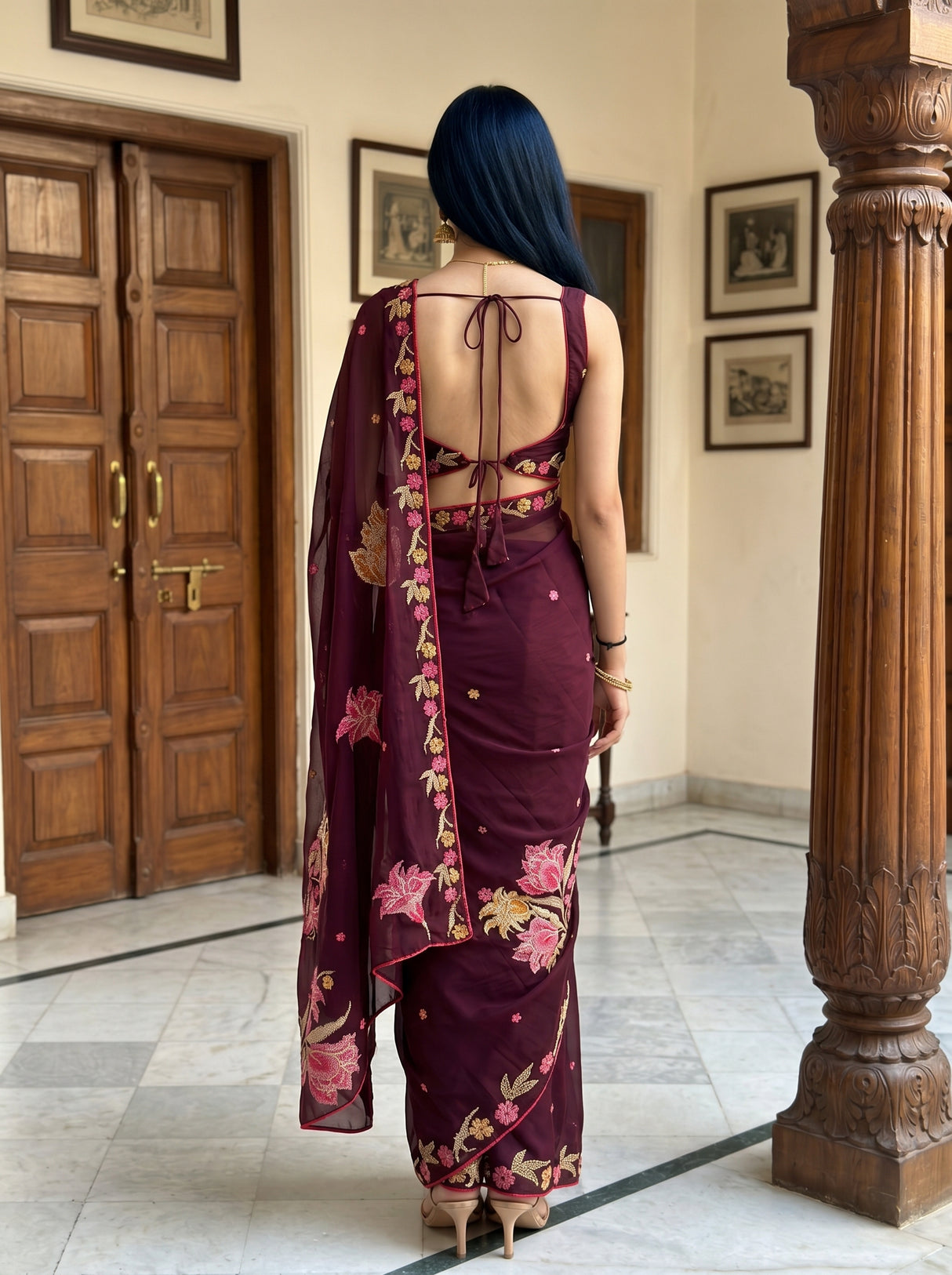 MIMOSA Chocolate Banarasi chiffon Saree — pose 2 styling detail