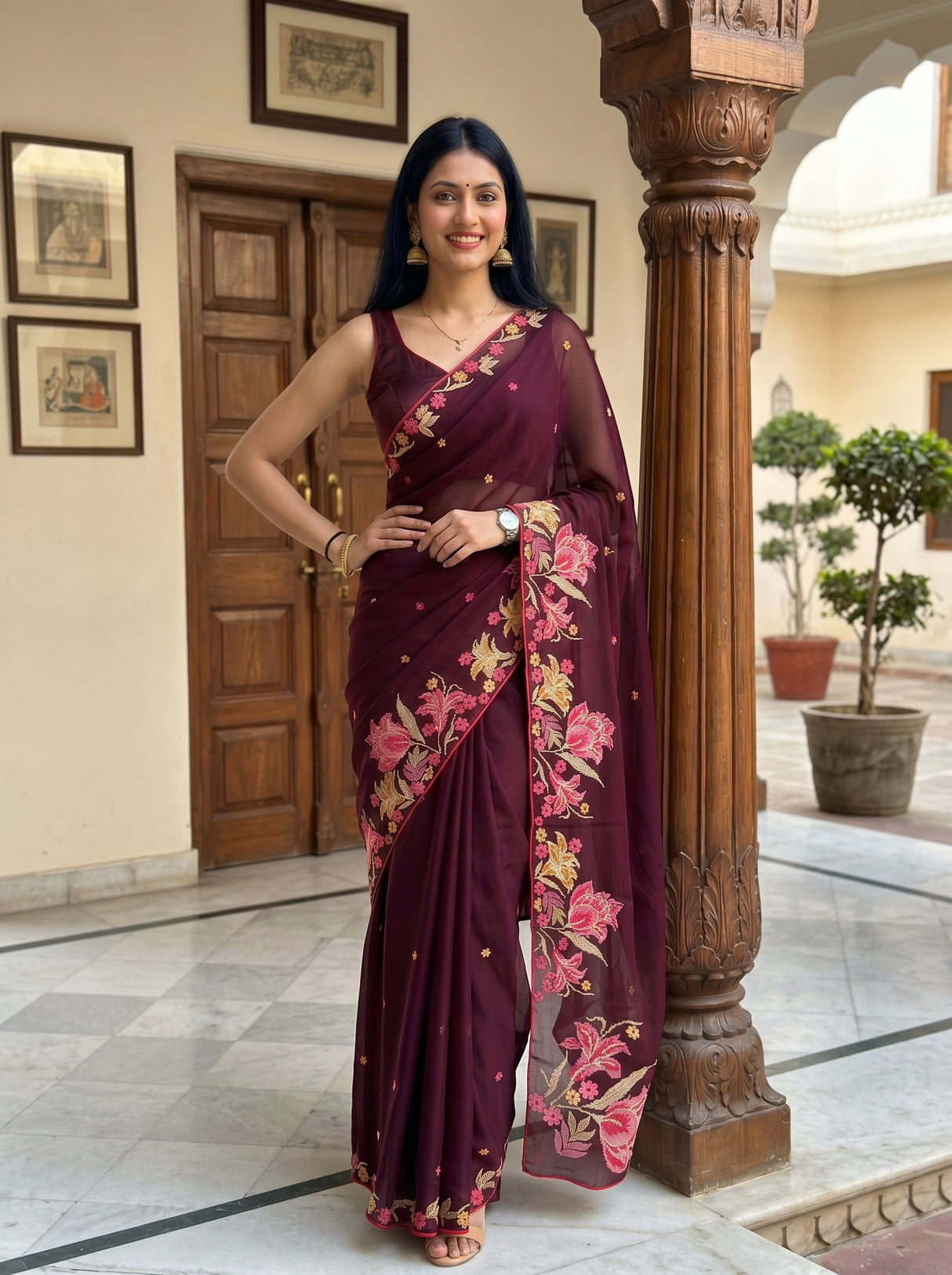 MIMOSA Chocolate Banarasi chiffon Saree — pose 4 styling detail