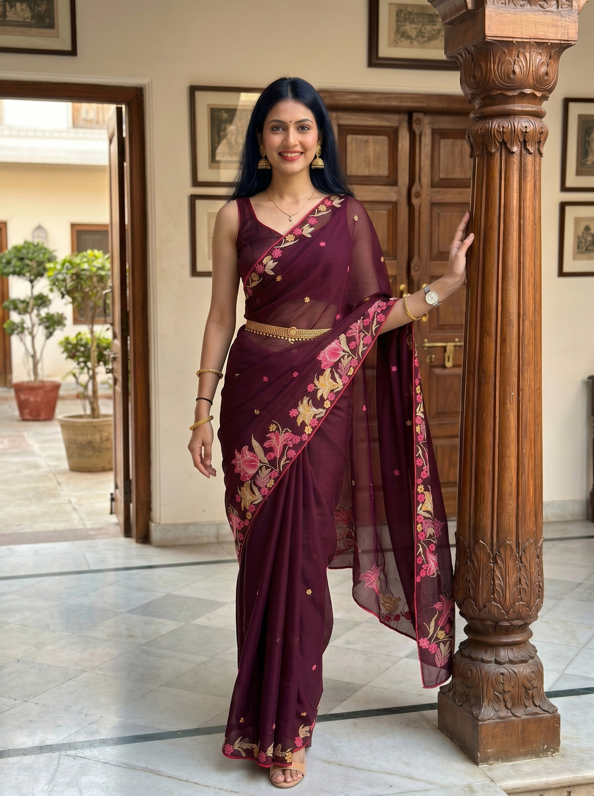 MIMOSA Chocolate Banarasi chiffon Saree — pose 6 styling detail