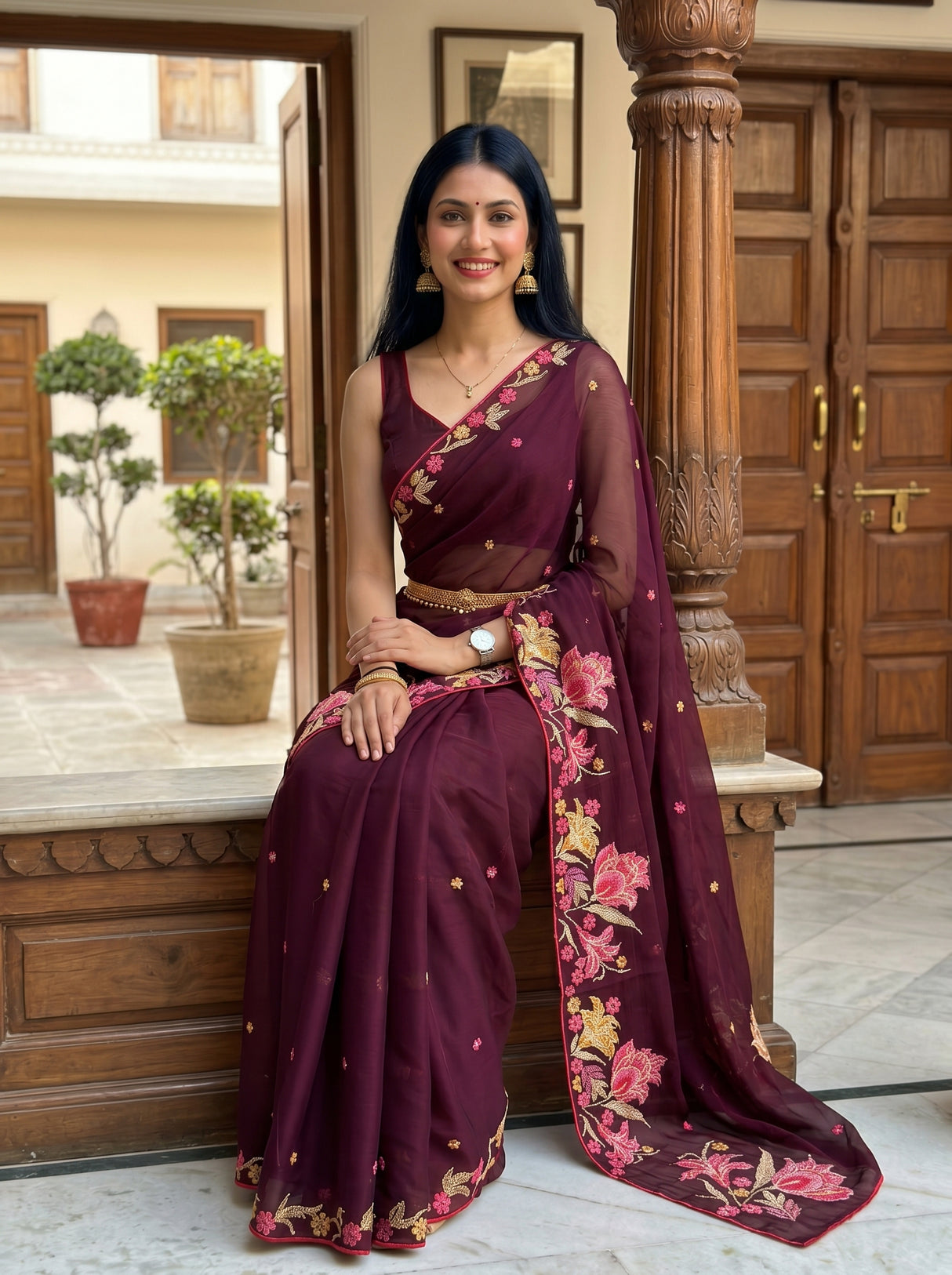 MIMOSA Chocolate Banarasi chiffon Saree — pose 8 styling detail