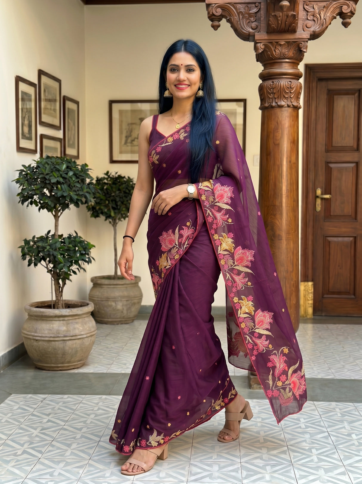 MIMOSA Magenta Banarasi chiffon Saree — pose 6 styling detail