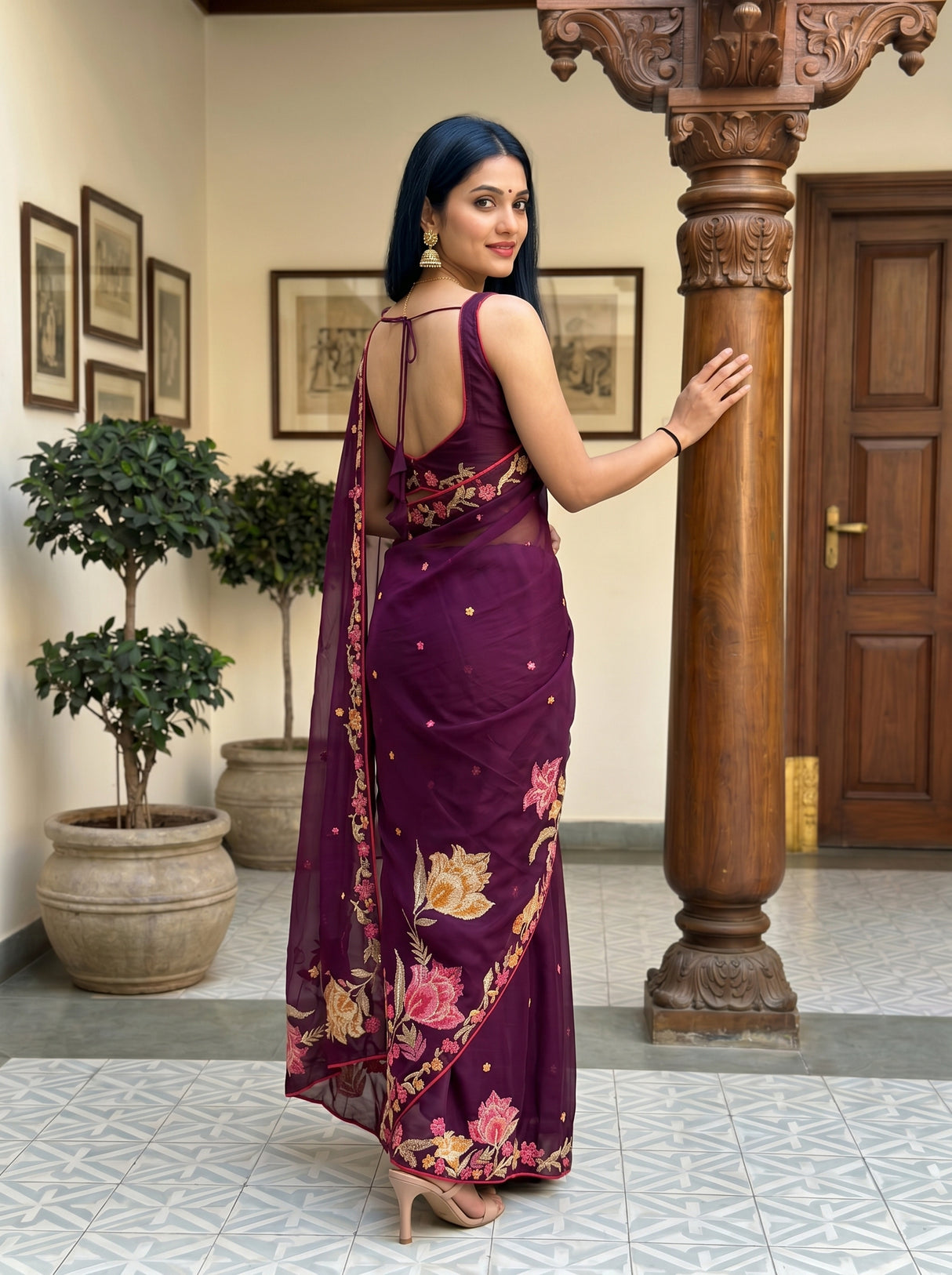 MIMOSA Magenta Banarasi chiffon Saree — pose 7 styling detail