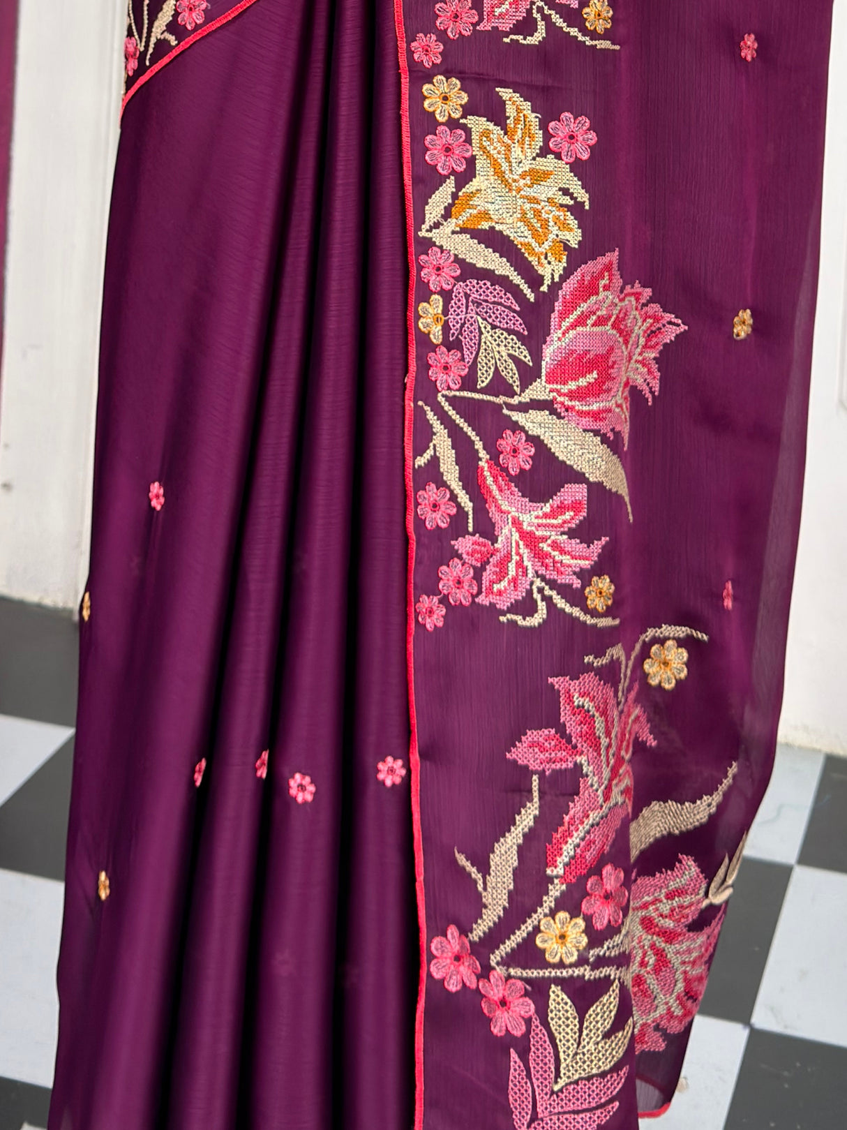 MIMOSA Magenta Banarasi chiffon Saree — fleets shot full lifestyle