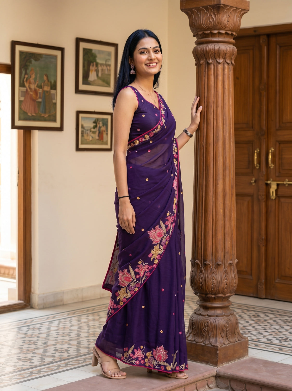 MIMOSA Purple Banarasi chiffon Saree — pose 5 styling detail