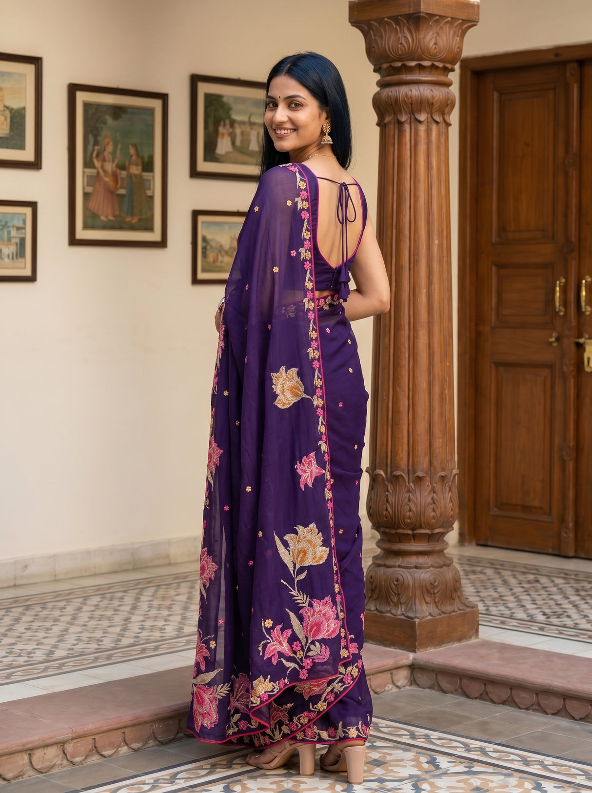 MIMOSA Purple Banarasi chiffon Saree — pose 7 styling detail