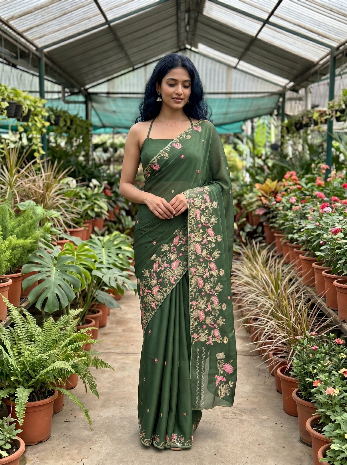 MIMOSA Olive Banarasi chiffon Saree — AI Model lifestyle pose