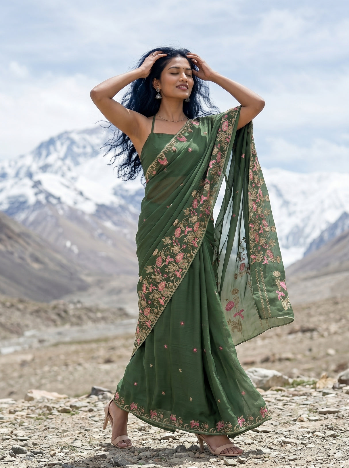MIMOSA Olive Banarasi chiffon Saree — Model full length