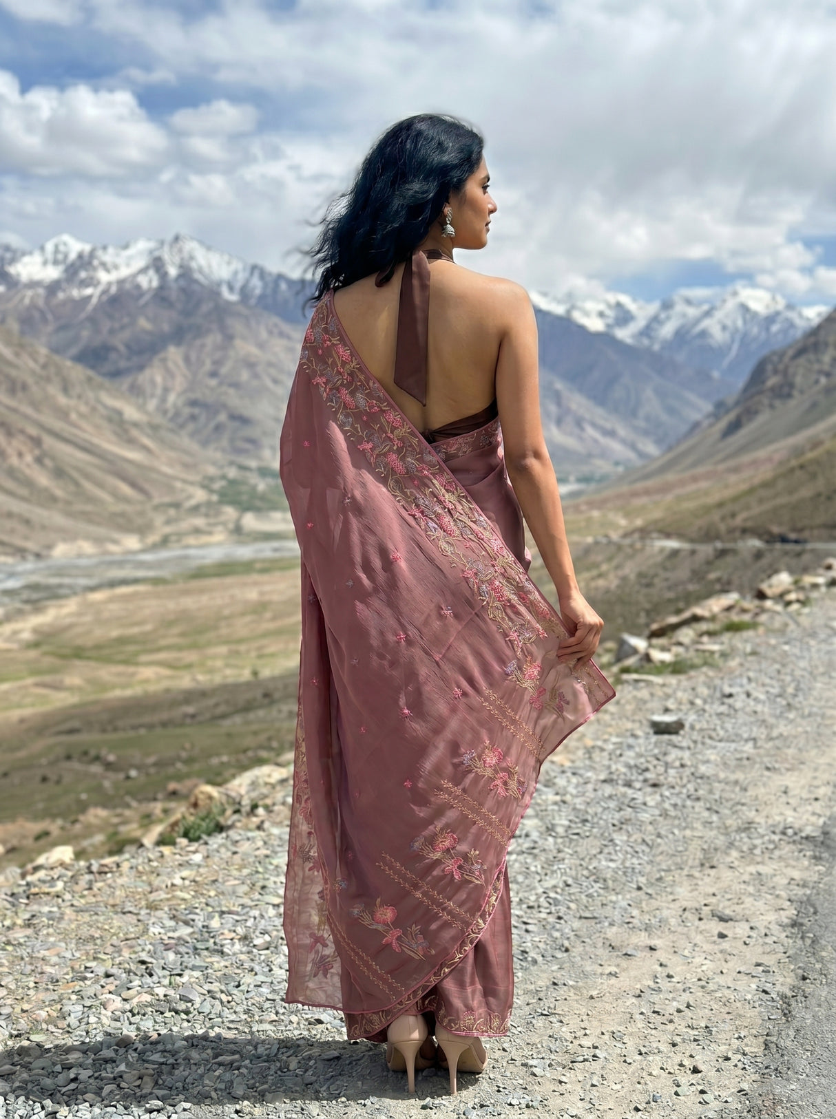 MIMOSA Peach Banarasi chiffon Saree — Model close-up face