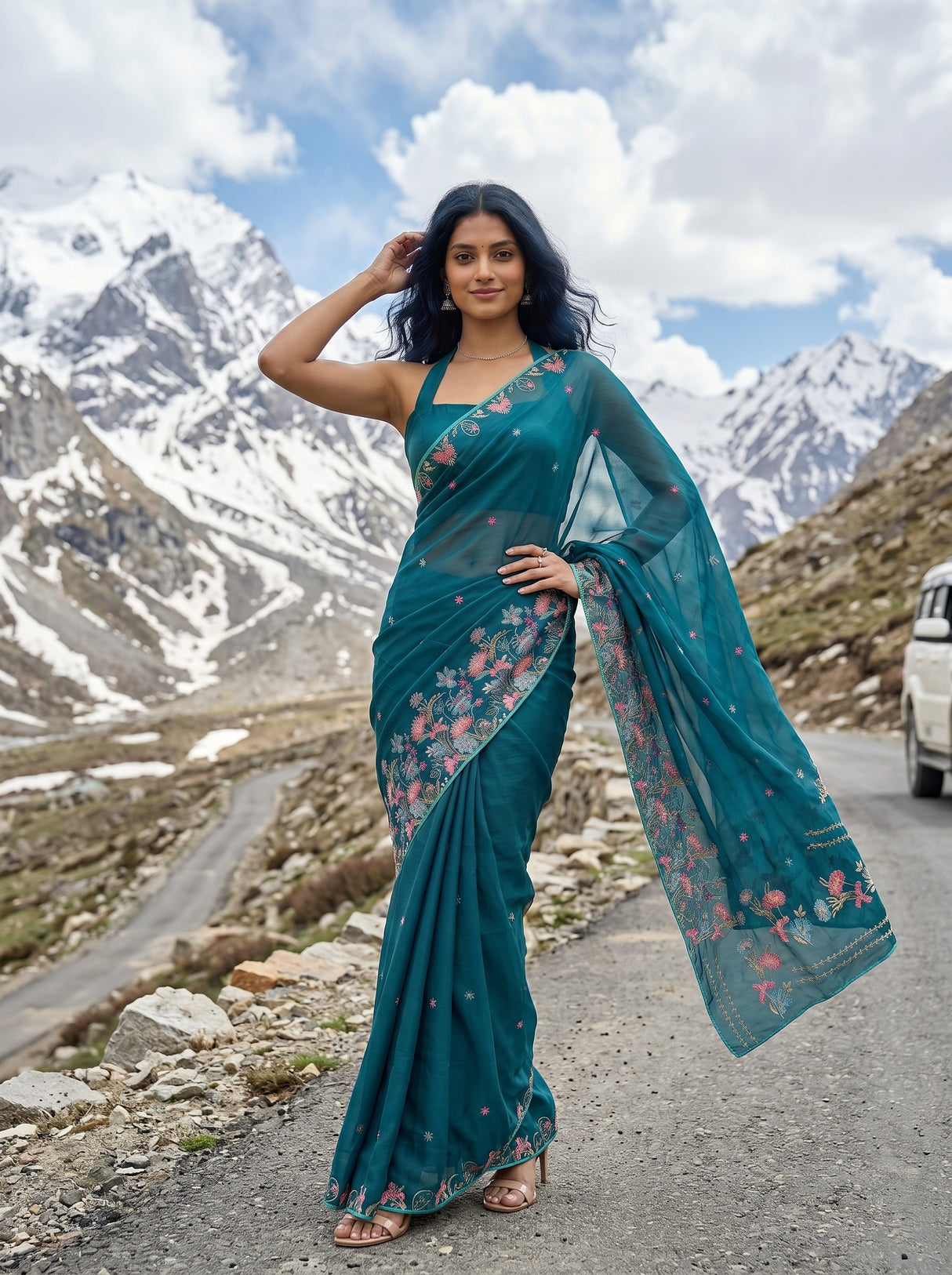 MIMOSA Sapphire Banarasi chiffon Saree — Model close-up drape