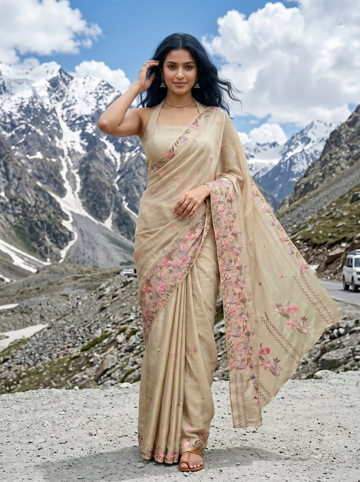 MIMOSA Tussar Banarasi chiffon Saree — Model close-up torso