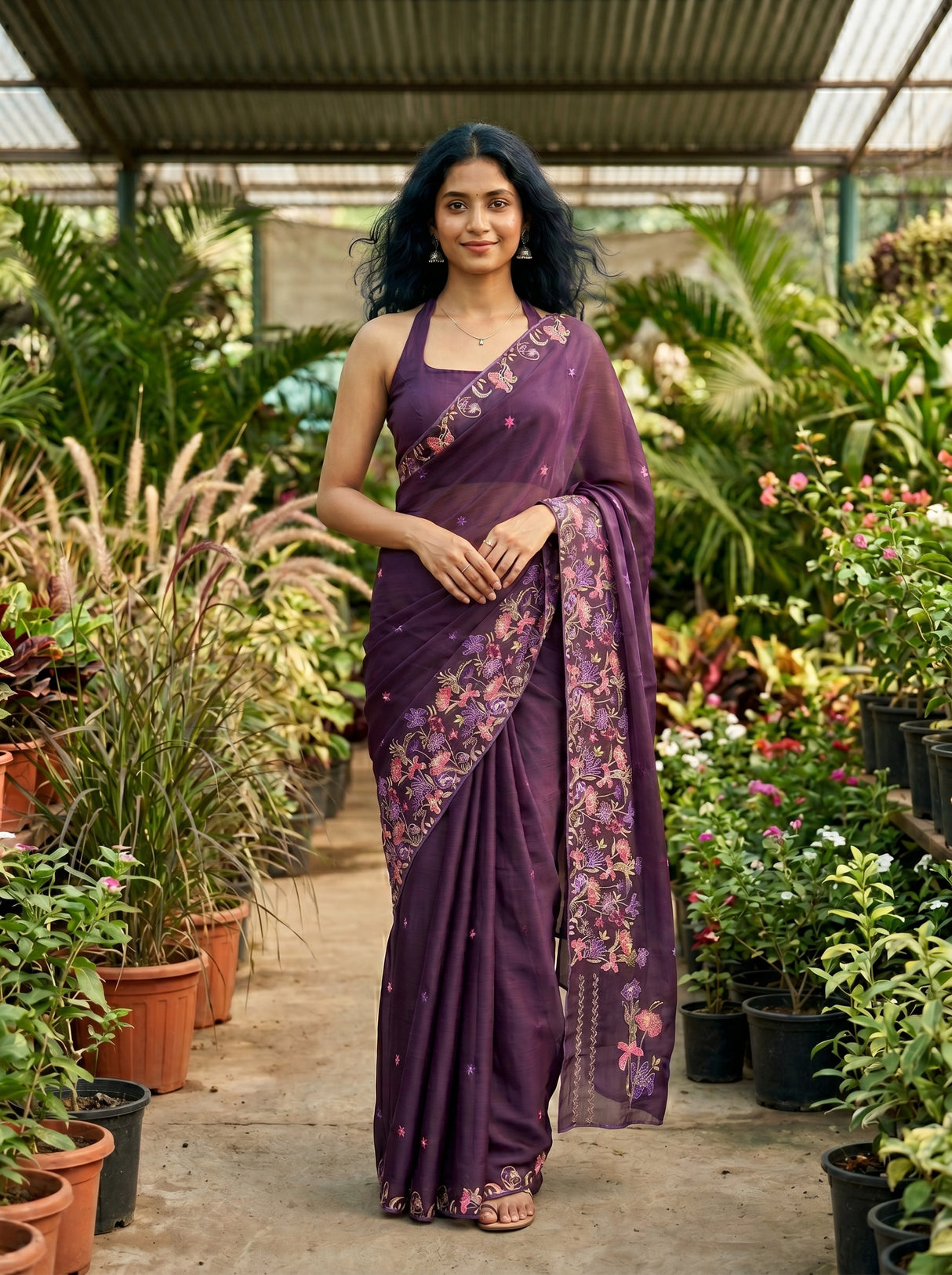MIMOSA Violet Banarasi chiffon Saree — AI Model lifestyle pose