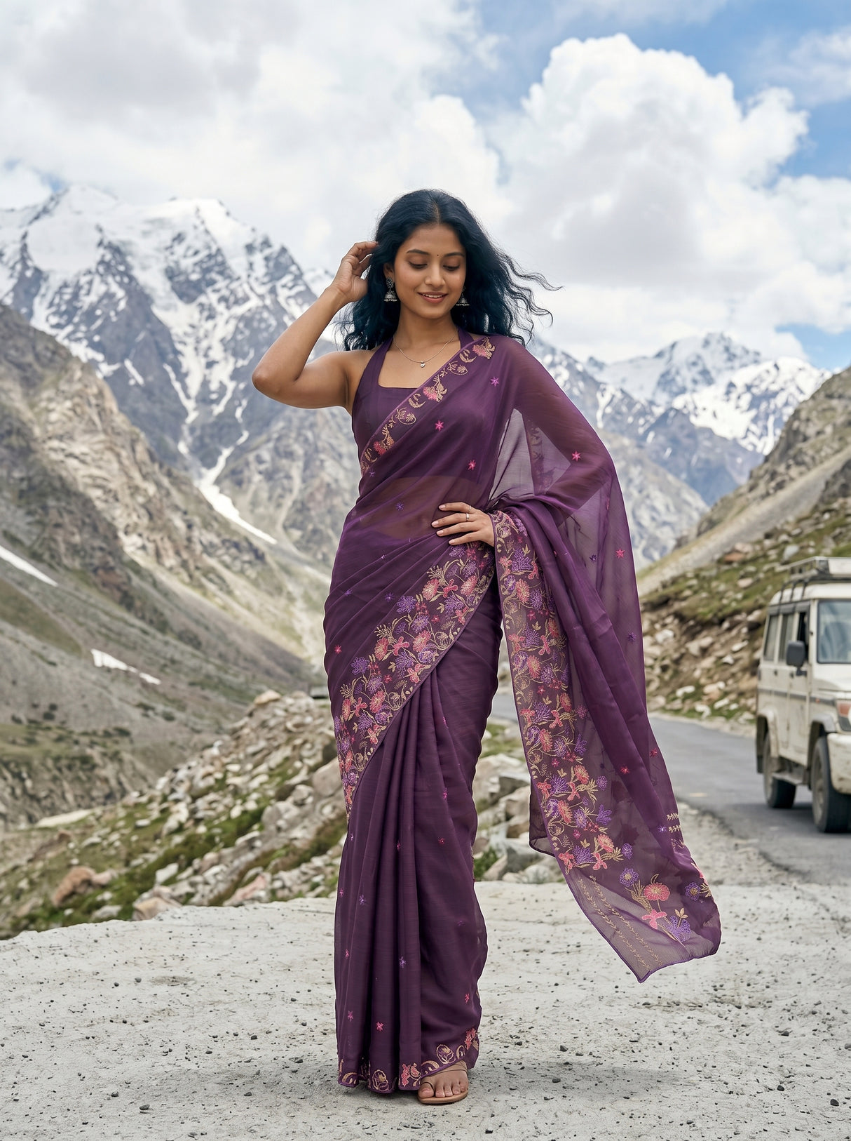 MIMOSA Violet Banarasi chiffon Saree — Model close-up drape