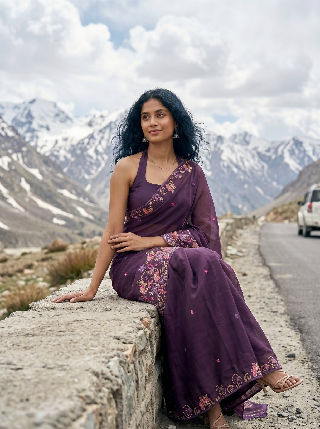 MIMOSA Violet Banarasi chiffon Saree — pose 8 styling detail