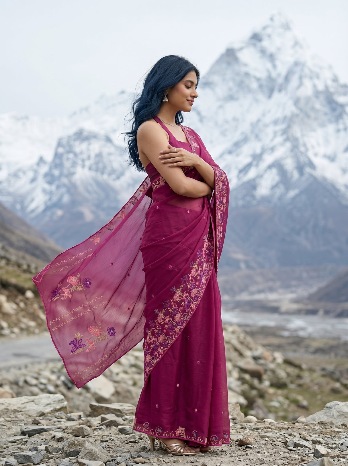 MIMOSA Wine Banarasi chiffon Saree — Model close-up torso