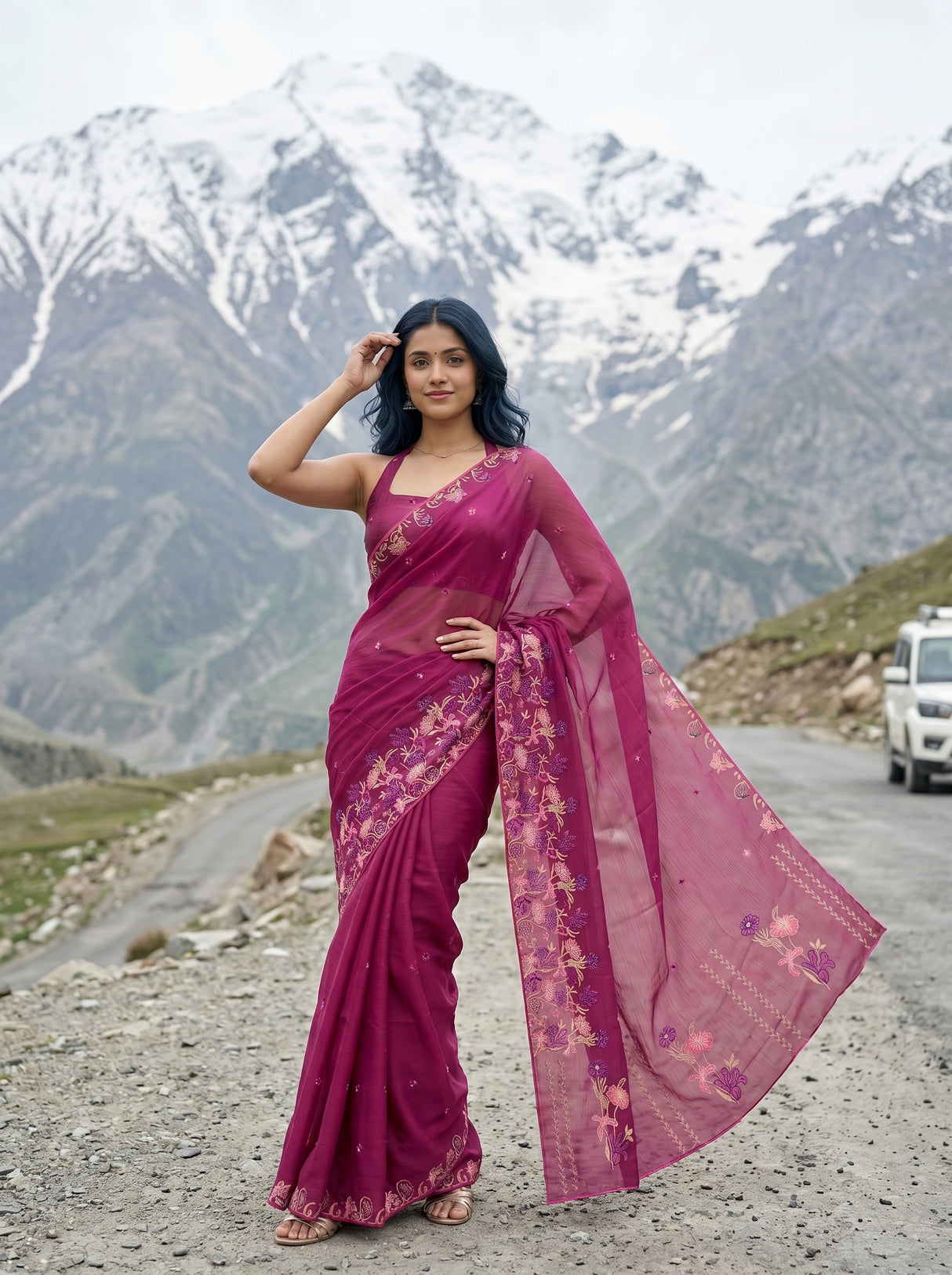 MIMOSA Wine Banarasi chiffon Saree — Model close-up drape