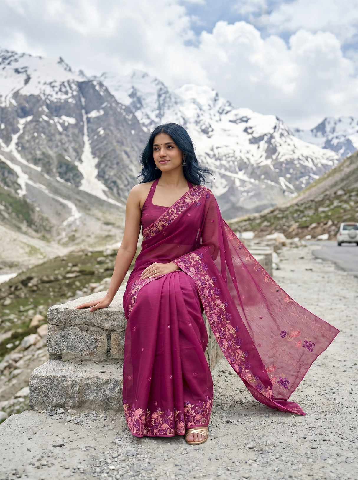 MIMOSA Wine Banarasi chiffon Saree — pose 8 styling detail