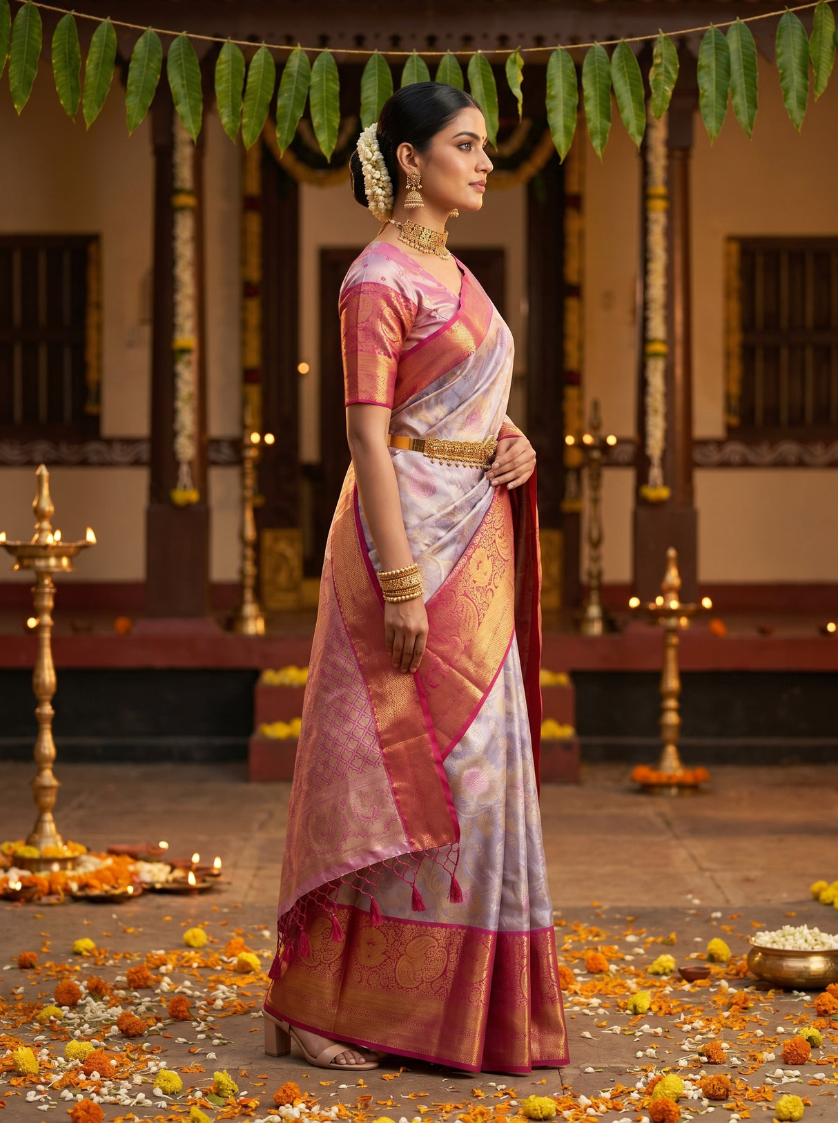 MIMOSA Lavender Kanjivaram Art Silk Saree — Festive Lifestyle Pose