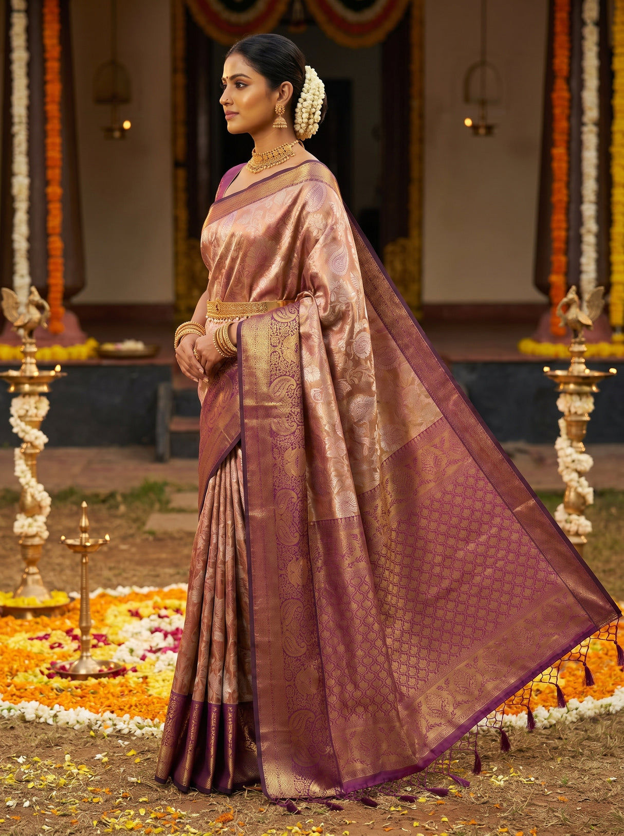 MIMOSA Maroon Kanjivaram Art Silk Saree — Festive Lifestyle Pose