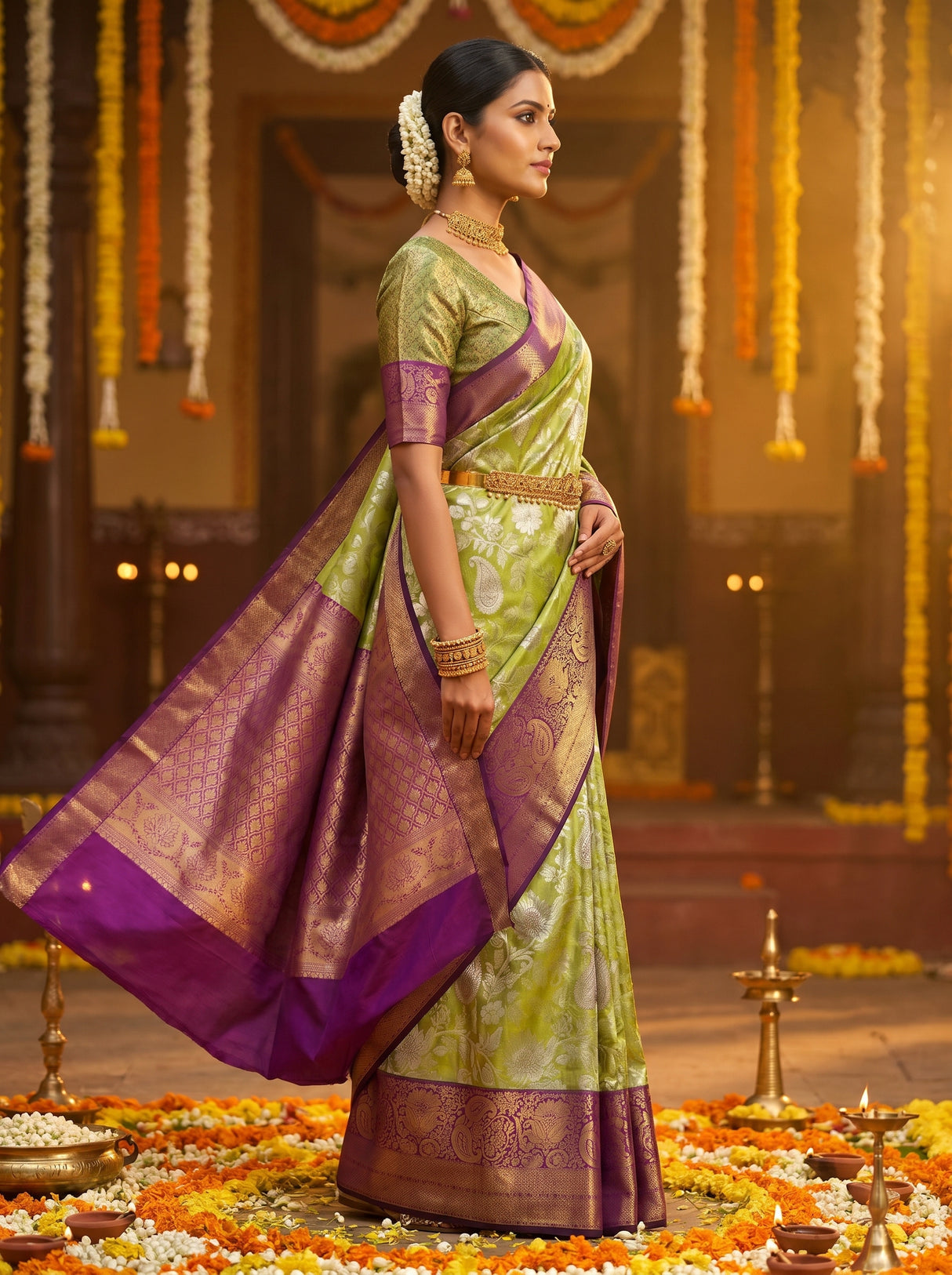 MIMOSA Olive Kanjivaram Art Silk Saree — Festive Lifestyle Pose