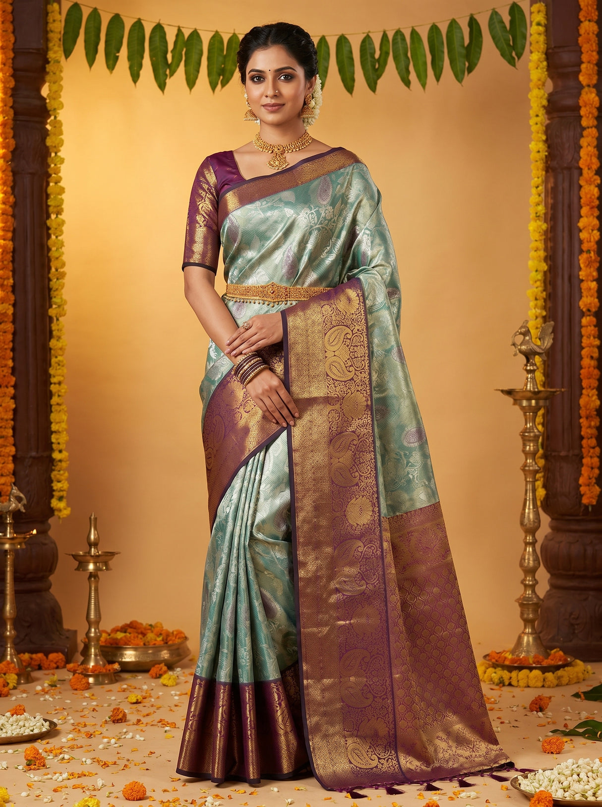 MIMOSA Saffire Kanjivaram Art Silk Saree — Draped Mannequin View
