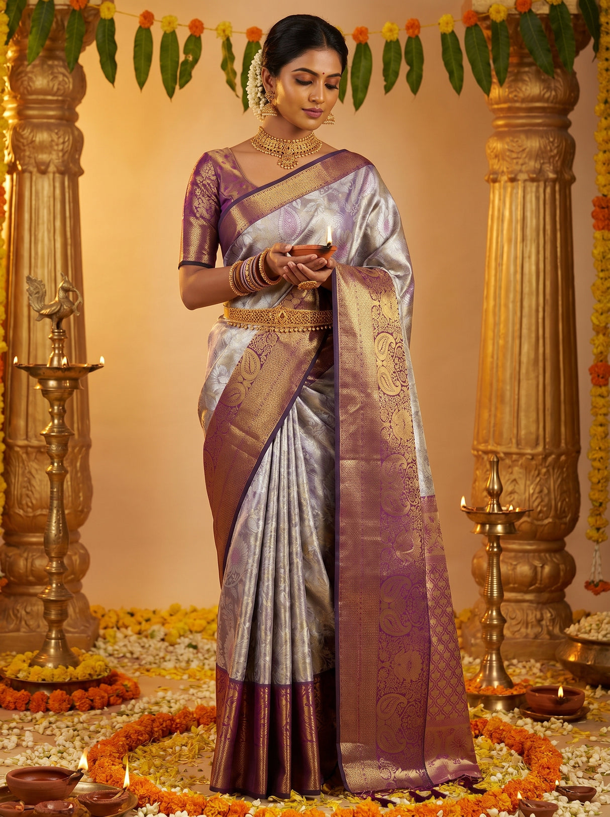 MIMOSA Violet Kanjivaram Art Silk Saree — Festive Lifestyle Pose