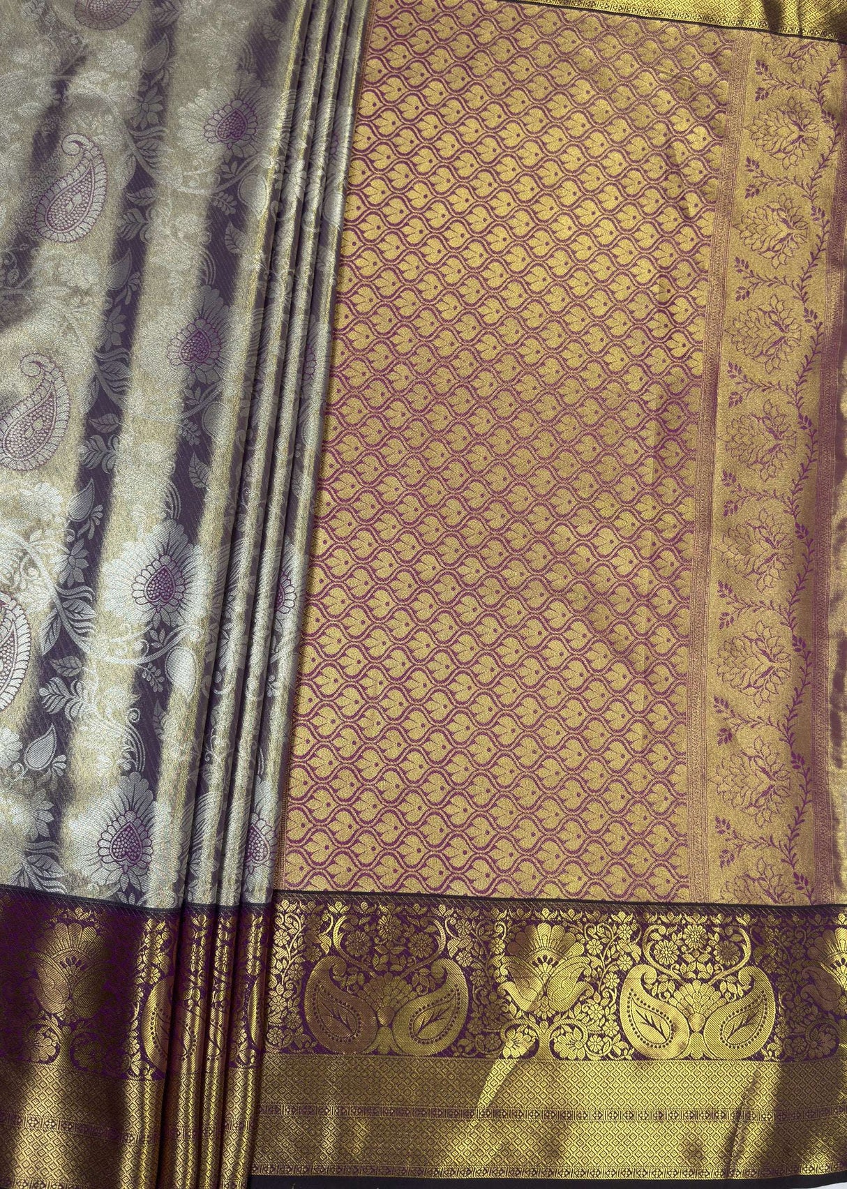 MIMOSA Violet Kanjivaram Art Silk Saree — pallu and zari work detail