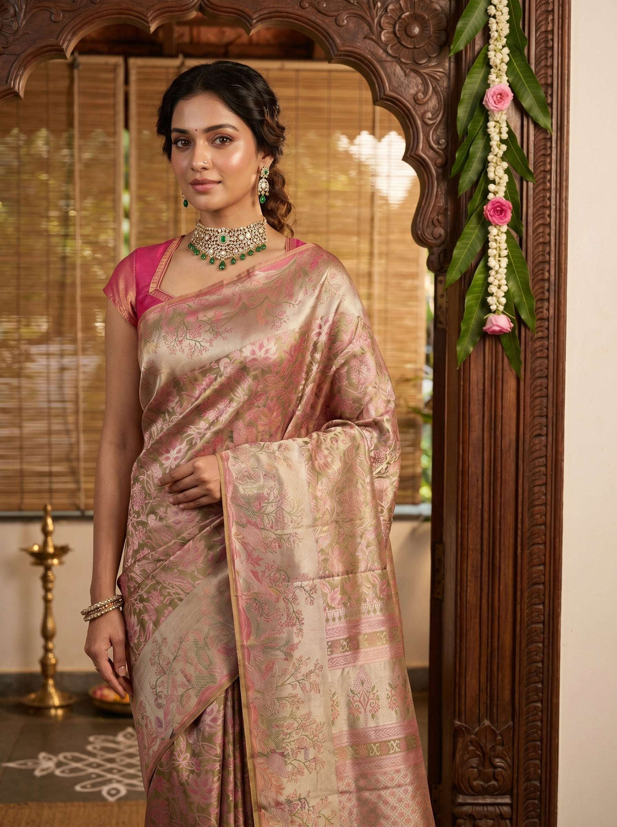 MIMOSA Green Kanjivaram Art Silk Saree — pose 5 styling detail