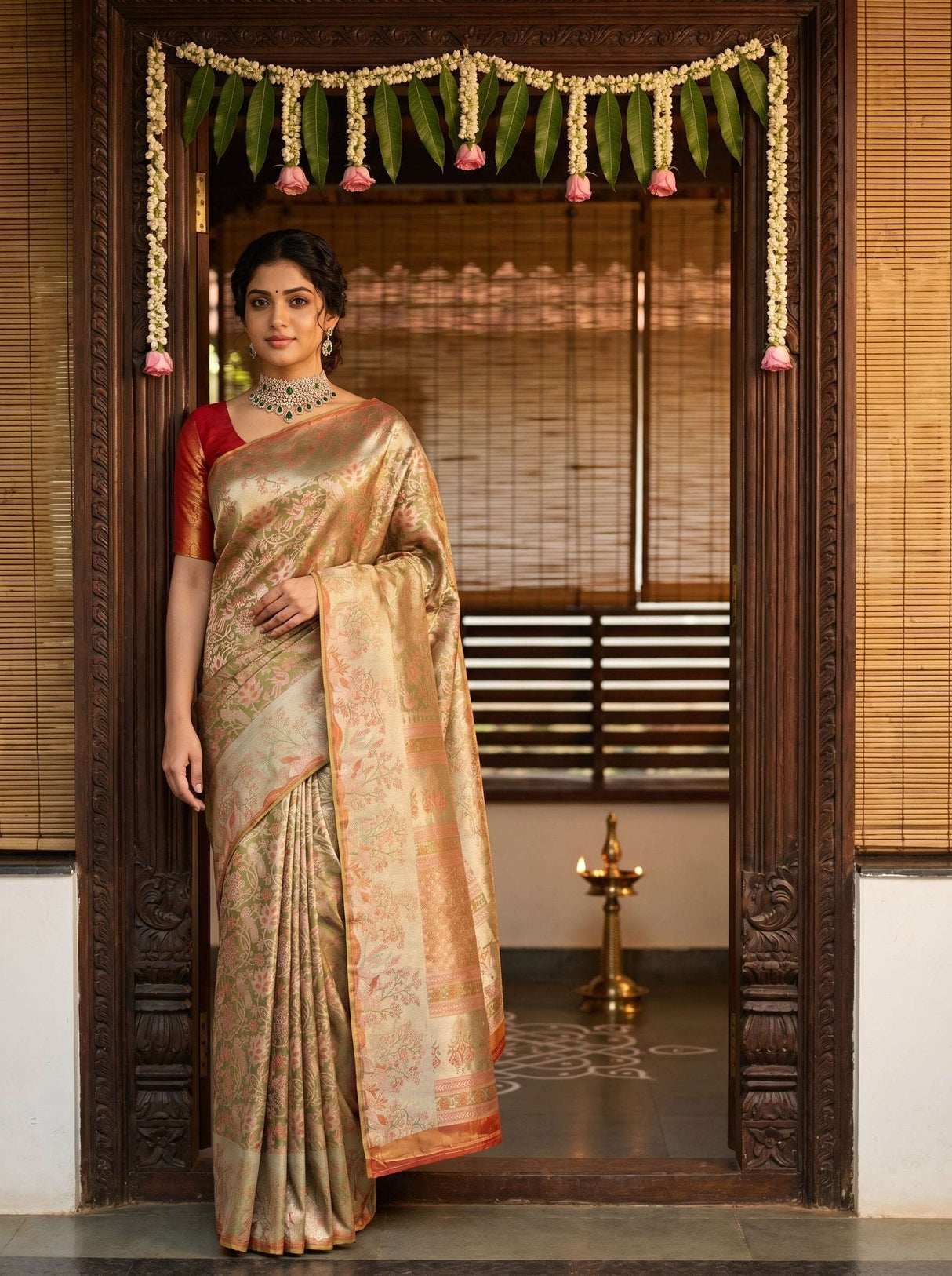 MIMOSA Olive Kanjivaram Art Silk Saree — Lifestyle Pose