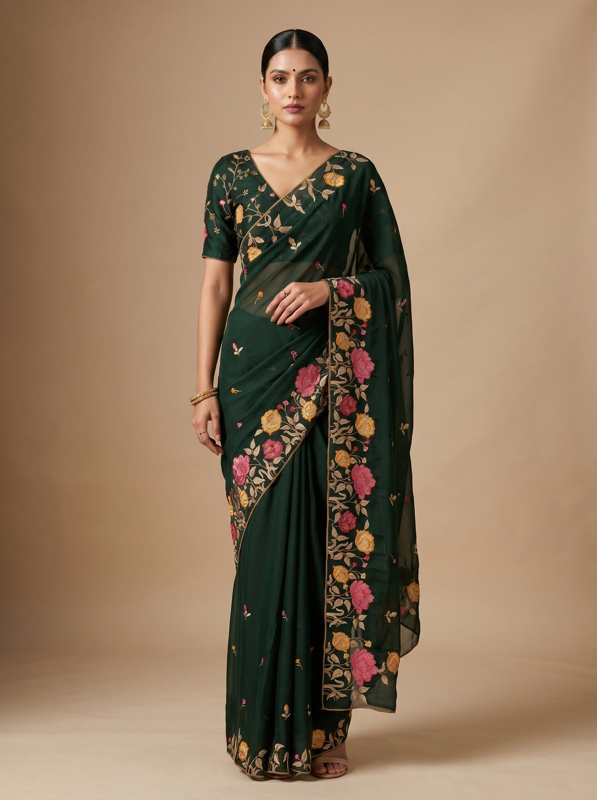 MIMOSA Bottle Green Banarasi chiffon Saree — model standing front pose