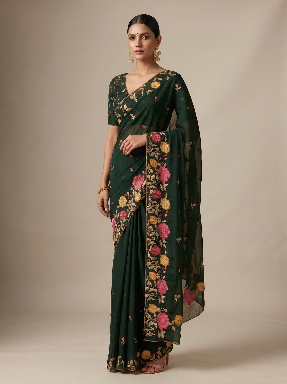 MIMOSA Bottle Green Banarasi chiffon Saree — close up of blouse and pallu embroidery