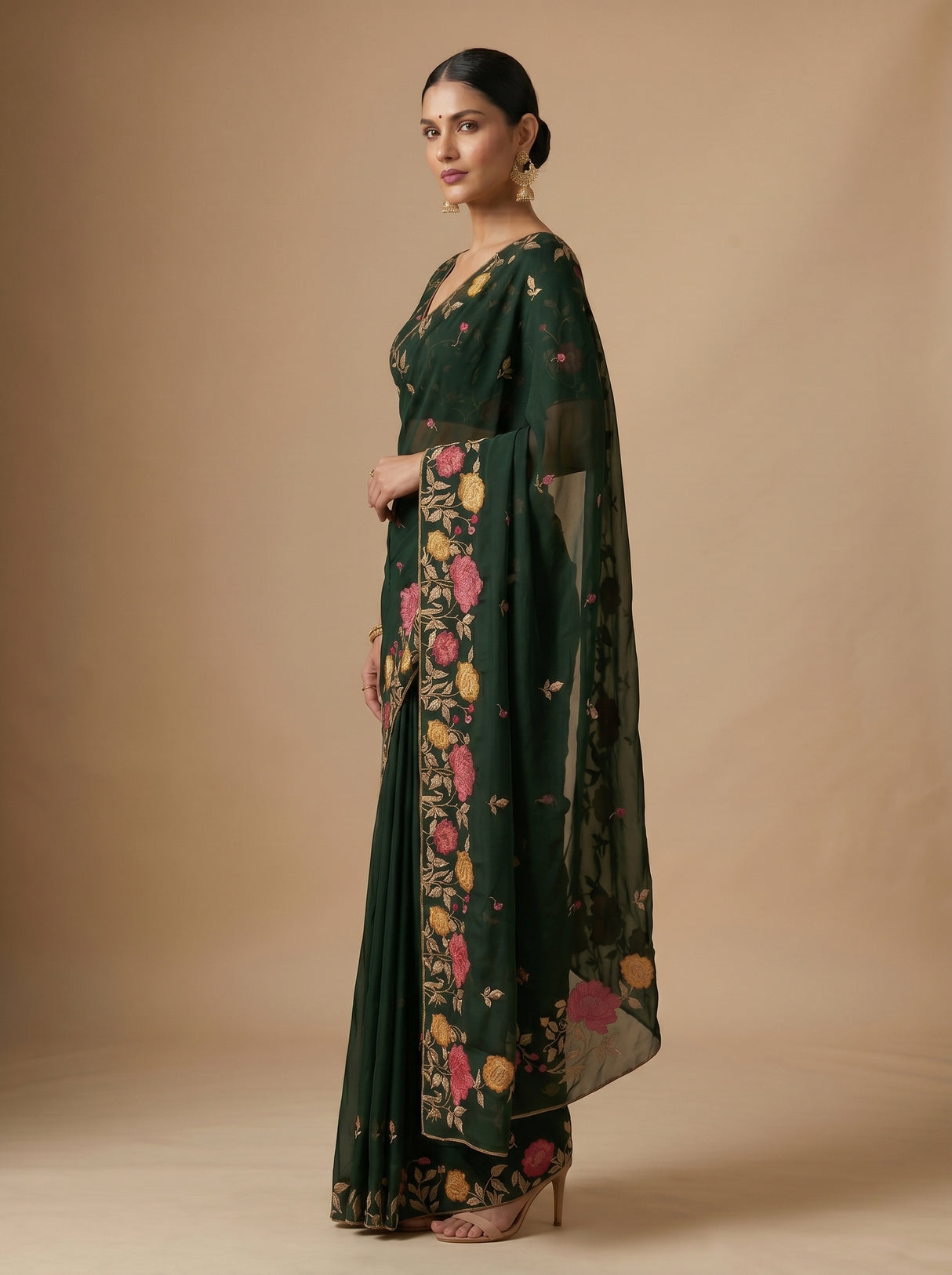 MIMOSA Bottle Green Banarasi chiffon Saree — pose 4 styling detail