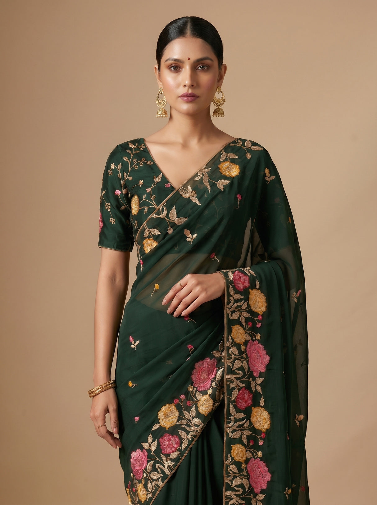MIMOSA Bottle Green Banarasi chiffon Saree — pose 5 styling detail