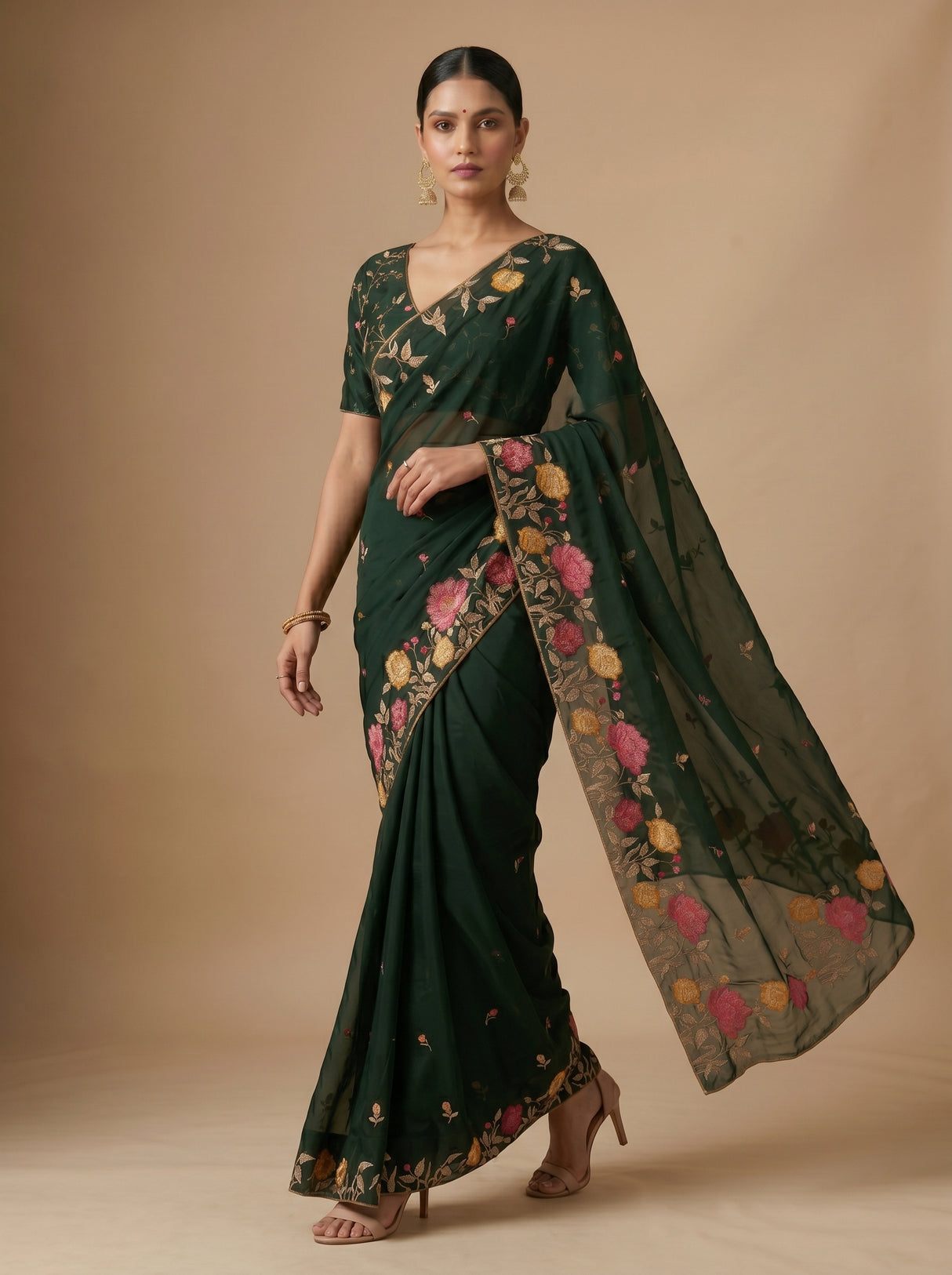 MIMOSA Bottle Green Banarasi chiffon Saree — pose 6 styling detail